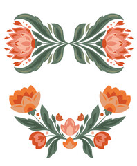 Vector set of folk art flowers frames. Collection of geometric floral divider.