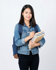 A young woman wearing a blue jacket and carrying a backpack and several books. She is smiling and she is happy