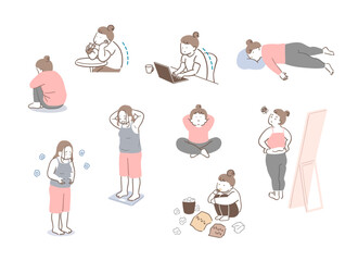 
ぽっちゃり体型の女性のライフスタイルイラストセット