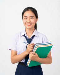 A woman wearing a white shirt and blue skirt is holding a book and a pen