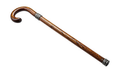 A curved-handle walking stick with a wooden shaft, silver bands, set against black