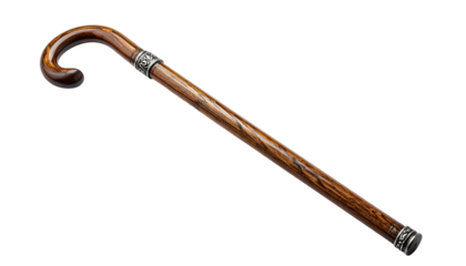 A curved-handle walking stick with a wooden shaft, silver bands, set against black