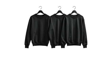 Three blank, black sweatshirts displayed on black hangers against a stark black background