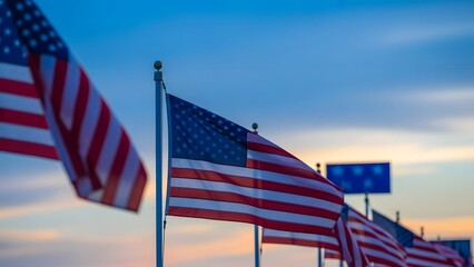 American flags waving in the wind at sunset