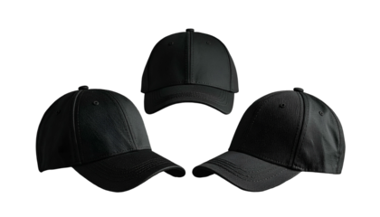 Three black baseball caps displayed against a dark background, varying angles & lighting