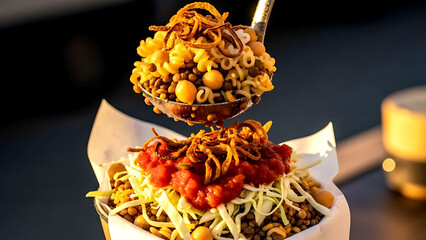 Vibrant and colorful street food. Egyptian koshari, a ladle scooping a mix of lentils, rice, pasta, chickpeas topped with crispy onions, spicy tomato sauce over shredded cabbage 