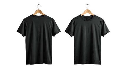 Two identical black t-shirts, front and back views, hanging on wooden hangers against black