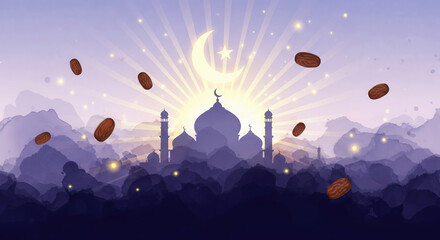Silhouette of a mosque against a vibrant sunrise with falling dates sunset