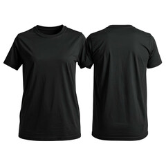 Front and back view of a plain black crew neck t-shirt on a dark background