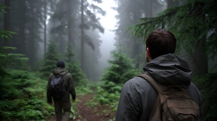 Obraz premium Hikers trek through a mysterious foggy forest on a dirt path