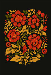 Vector national decorative floral card. Slavic tracery ornament with red flowers on a black background