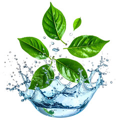 Lush green leaves sprouting from a water splash, symbolizing life and freshness