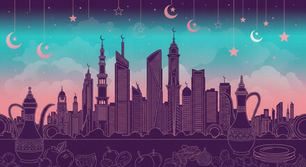 Stylized City Skyline with Islamic Symbols and Food Items ramadan silhouette