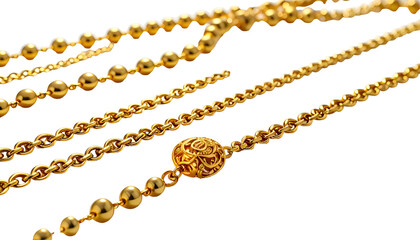 Close-up of multiple gold chains, featuring varying links and bead details on a black backdrop