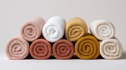 Close-up of neatly rolled towels in various warm, natural hues, stacked in two rows against a plain off-white background