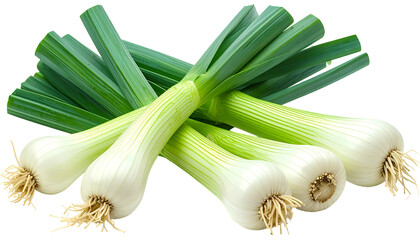 Close-up of fresh, raw leeks with white bulbs and vibrant green leaves on a dark backdrop