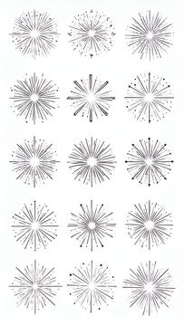 Set of 15 Hand-Drawn Sunbursts and Starbursts for Design Elements.