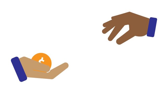 Money giving animation. Two hands giving and receiving dollar coins. for finance, banking, and reporting. Flat design style.