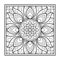 Decorative pattern of flowers and paisley for printing on fabric. Ornament for a bandana, a silk neckerchief, a tablecloth or a kerchief. Square sketch in tribal or oriental style.