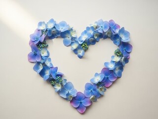 Obraz premium Valentine Blue hydrangea flowers forming simple heart outline | Valentine, love, heart, shape, flower, petals.