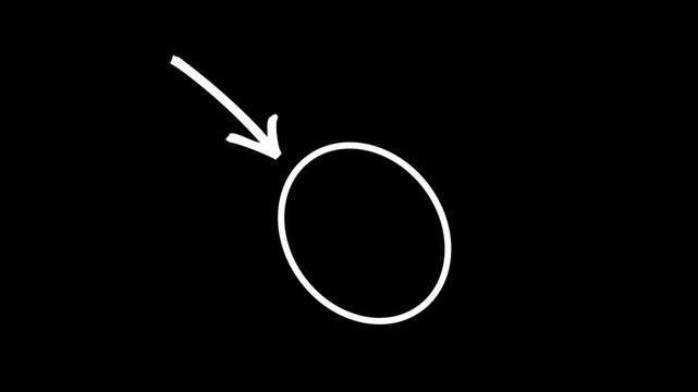 Minimalist hand-drawn white arrow pointing at a circular frame on a black background for highlighting important content in educational videos and professional presentations.
