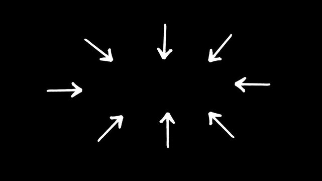 Animation of multiple white hand-drawn arrows pointing inward to a central focus point on a black background for highlighting specific content in videos.
