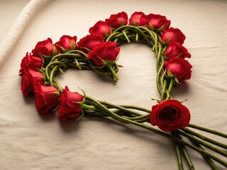 Valentine Red rose heart with green stems on beige fabric | Valentine, love, heart, shape, flower, petals.