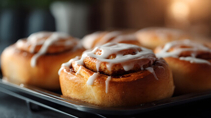Cinnamon Rolls: A close-up shot of freshly baked, golden-brown cinnamon rolls, glistening with a sweet, creamy glaze, ready to be enjoyed.