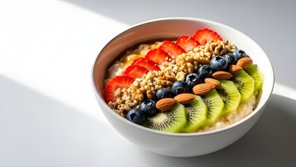 Healthy breakfast oatmeal bowl topped with fresh strawberries, kiwi, blueberries, walnuts, and almonds