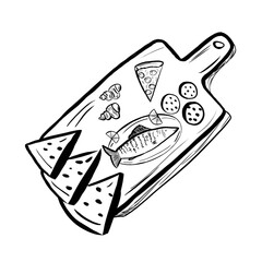 Black and white doodle drawing of various food items including pizza, fish, and croissant on a cutting board. Sketch art for menu design.