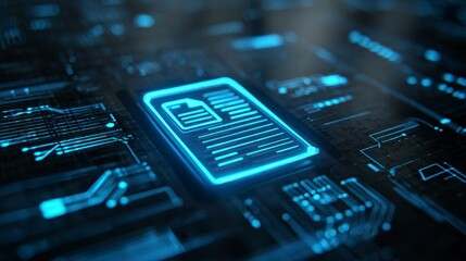 Illuminated document icon floating amidst complex electronic circuit pathways, representing data and digital processing