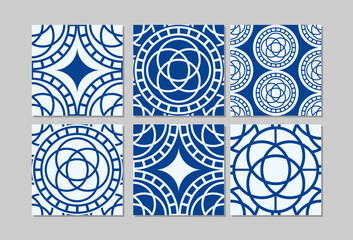 Blue and white decorative tile pattern set  traditional ceramic designs.Theme Fresh, cultural, timeless.