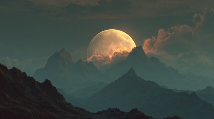 Majestic moonlit mountain range with dramatic clouds and rugged peaks