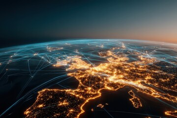 Glowing Earth View from Space Featuring Europe with Vibrant City Lights on Dark Background