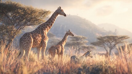 Giraffes and zebra roaming freely in savannah at sunset
