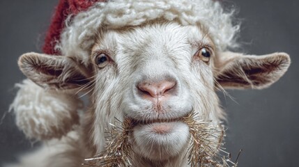 Fototapeta premium Festive white goat wearing Santa hat and tinsel for Christmas