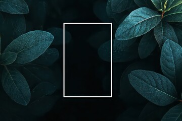 Sparkling Blue Leaves with White Rectangular Frame on Black Background for Mockups and Text Overlays