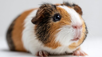A close-up portrait of a guinea pig with a tricolor coat, focusing on its face and big, dark eyes. The small animal is in soft focus