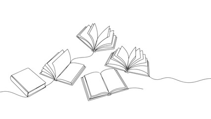 Continuous one line art vector illustration of open books floating in air, a scene of reading and learning environment