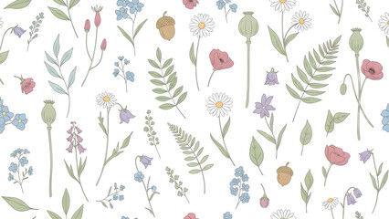 Vintage botanical illustration of wildflowers and foliage seamless pattern isolated on transparent background