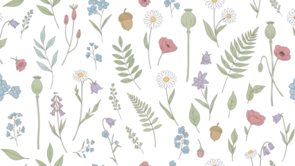 Vintage botanical illustration of wildflowers and foliage seamless pattern isolated on transparent background