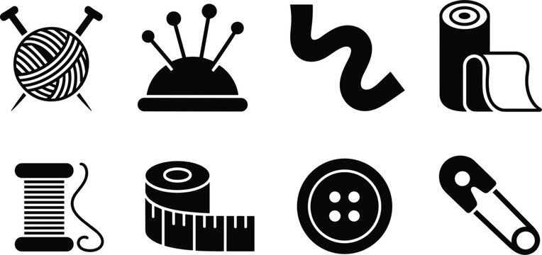 Sewing and tailoring icon set, knitting yarn, pin cushion, fabric roll, thread spool, measuring tape, and button symbols