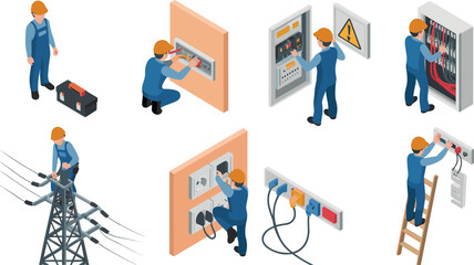 Isometric illustration of electricians performing various electrical tasks with tools and equipment, ideal for energy, safety, repair, maintenance, and industrial concepts.
