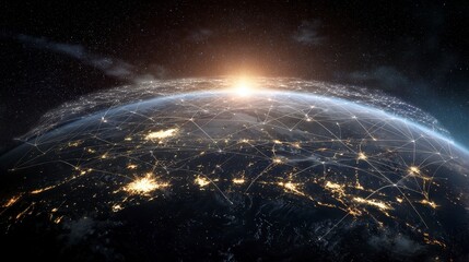 A globe of Earth showing city lights, networks, and a sunrise. Stars are in the background. Connections surround the sphere
