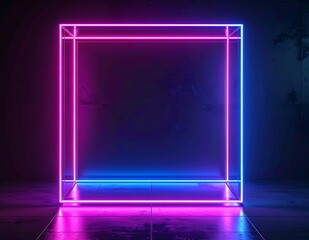 Vibrant Neon Light Cube on Dark Background with Reflective Surface.