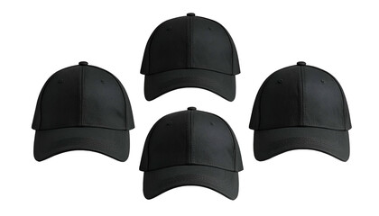 Four black baseball caps, evenly spaced on a black background