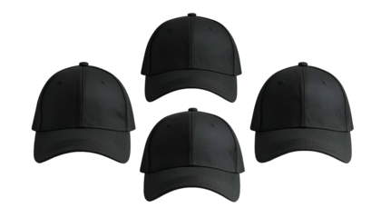 Four black baseball caps, evenly spaced on a black background