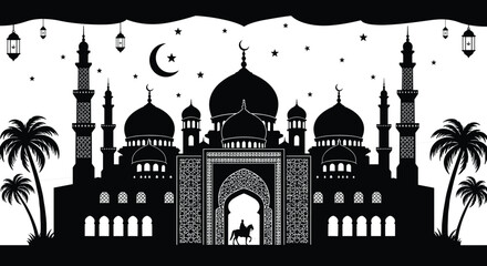 Islamic mosque silhouette with crescent moon and stars, hanging lanterns, palm trees, Arabian architecture, night sky, Muslim culture, faith, devotion