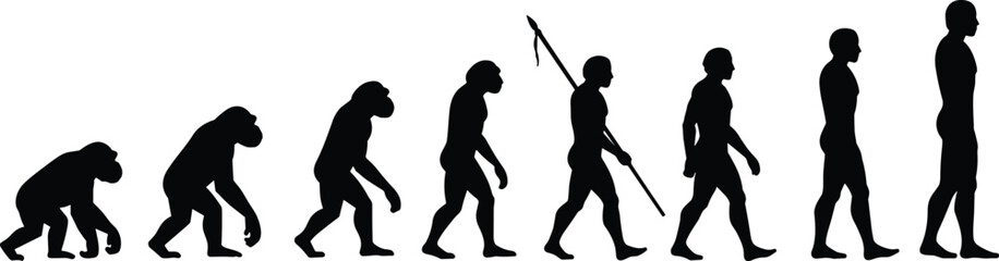 Human evolution silhouette from primate to modern man, walking progression, flat vector, isolated, cad drawing © Nur-Nobin Creations