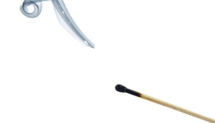 Burnt match with curling smoke trail against stark black backdrop